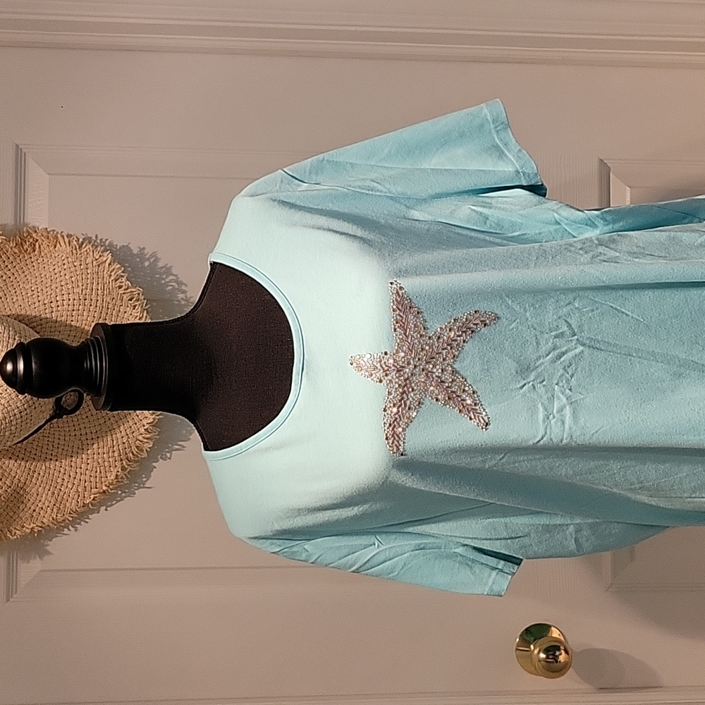 Coral Bay Starfish Tee– Soft Aqua Green, Embellished Sequin Design, Beach Vibes - Picture 5 of 9